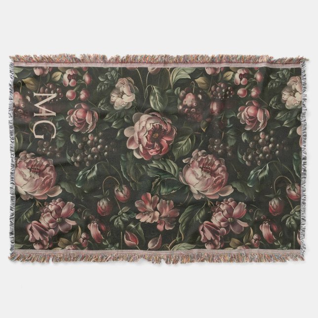 Monogram Baroque Dark Lila Floral Muster Decke (Vorderseite)