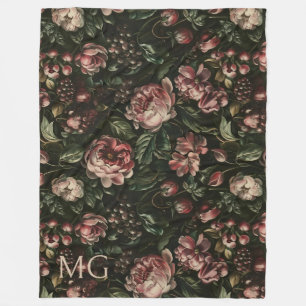 Monogram Baroque Dark Lila Floral Muster Fleecedecke