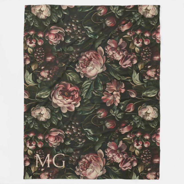 Monogram Baroque Dark Lila Floral Muster Fleecedecke (Vorderseite)