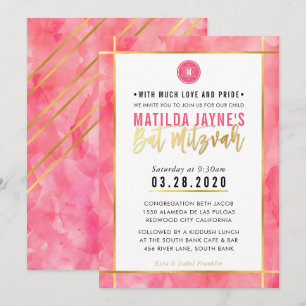 MONOGRAM BAT MITZVAH Korallenkoralle Rosa Goldstre Einladung
