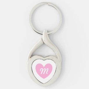 Monogram Baumwollwatte Rosa Herz auf Weiß Schlüsselanhänger