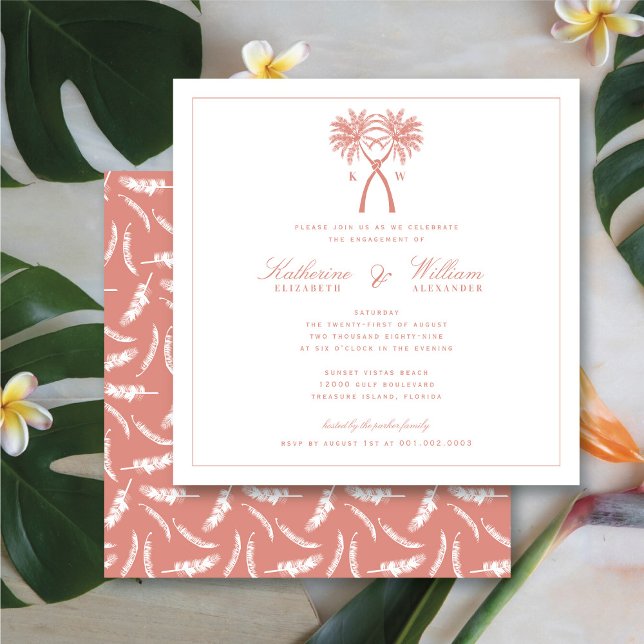 Monogram Beach Engagement Party für Knotted Palm T Einladung (Knotted Palm Trees Monogram Beach Engagement Party Invitation @ fatfatin_blue_knot)