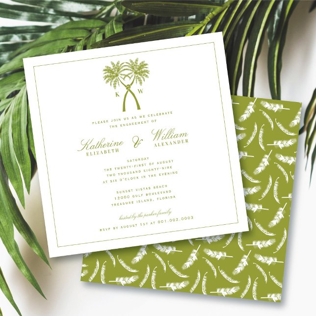 Monogram Beach Engagement Party für Knotted Palm T Einladung (Knotted Palm Trees Monogram Tropical Beach Engagement Party Invitation @ fatfatin_blue_knot)