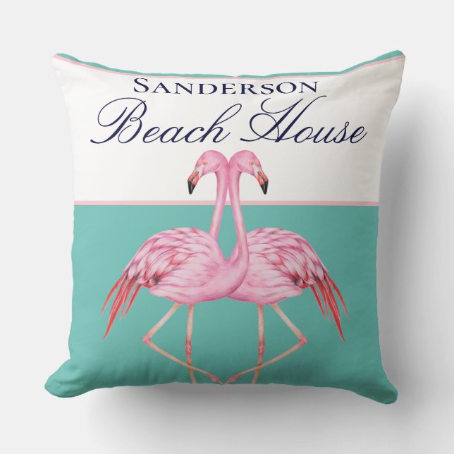 Monogram Beach House Aquamarin Flamingos Marine Bl Kissen (Vorderseite)
