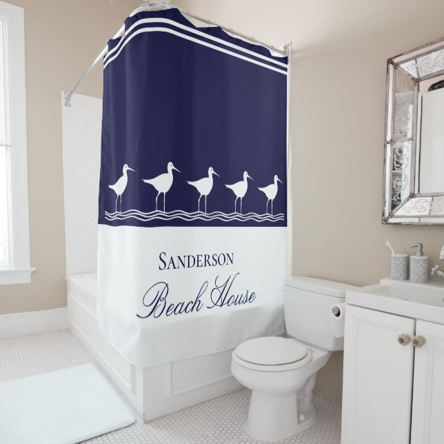 Monogram Beach House Marine Blue Sandpipers Duschvorhang (Beispiel)