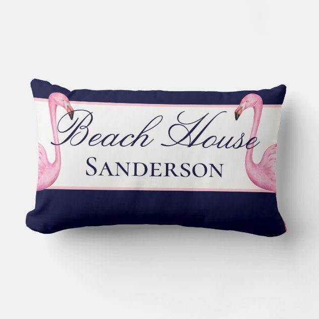 Monogram Beach House Pink Flamingos Marine blau Lendenkissen (Vorderseite)