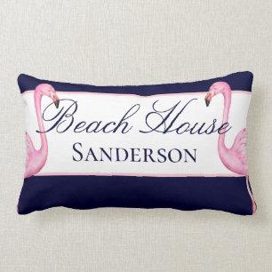 Monogram Beach House Pink Flamingos Marine blau Lendenkissen