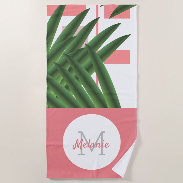 Monogram Beach tropical Geometric Palm Blätter Strandtuch (Vorderseite)