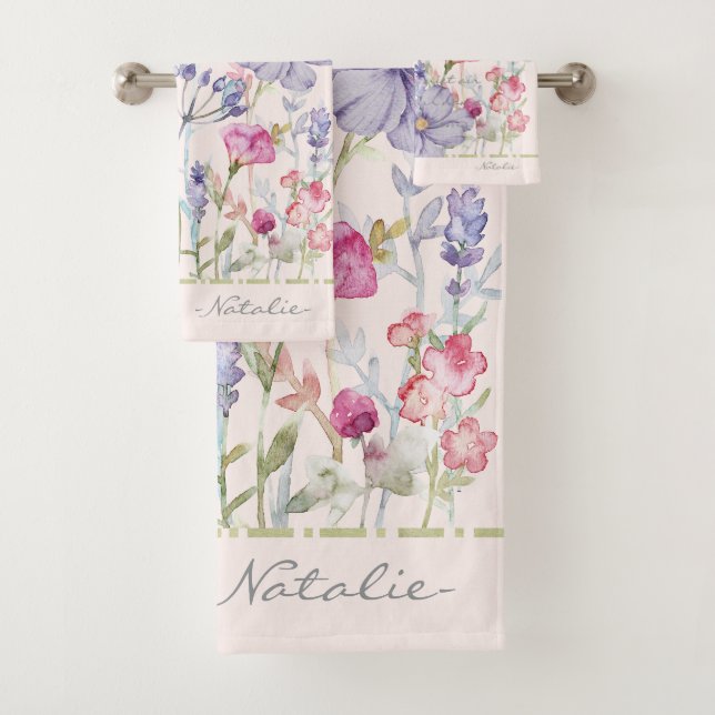 Monogram beautiful watercolor floral pink pastel badhandtuch set (Insitu)