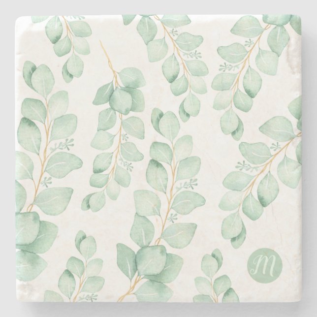Monogram Beauty Sage Green Eucalyptus Pattern Steinuntersetzer (Vorderseite)