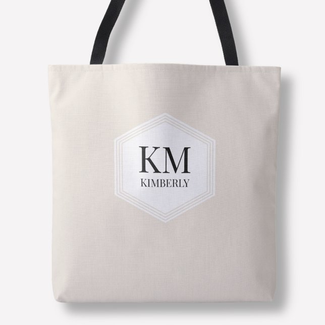 Monogram Beige Einfach Neutral Modern Benutzerdefi (Monogram Beige Simple Neutral Modern Custom Name Tote Bag)