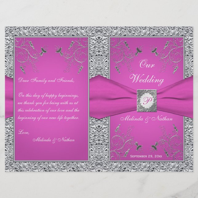 Monogram Berry Pink, Silver Floral Wedding Program (Vorderseite)