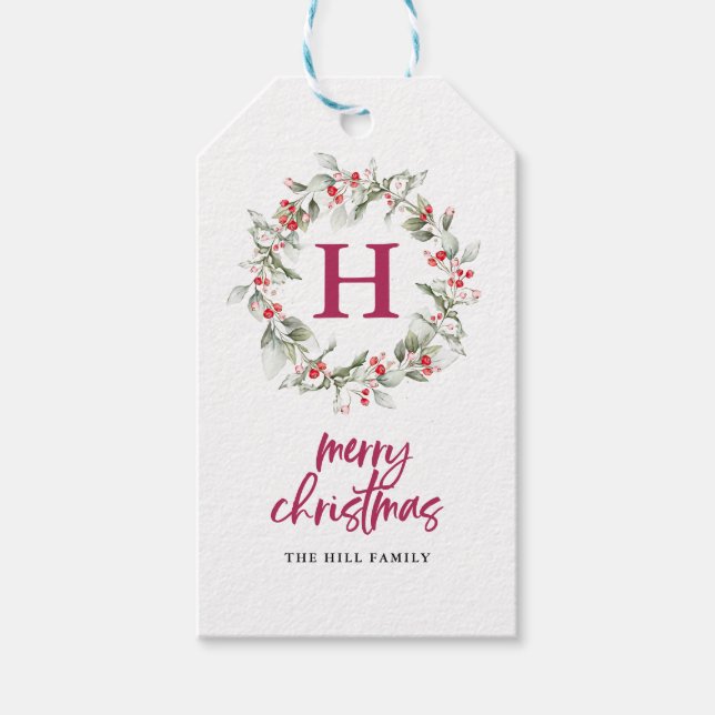 Monogram Berry Wreath Calligraphy Frohe Weihnachte Geschenkanhänger (Vorderseite)