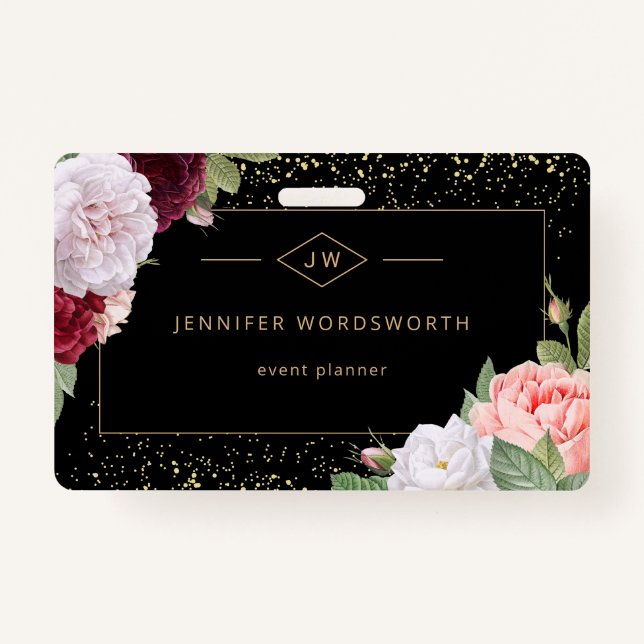 Monogram Beruflich Elegant Floral Rose Black Ausweis (Vorderseite)