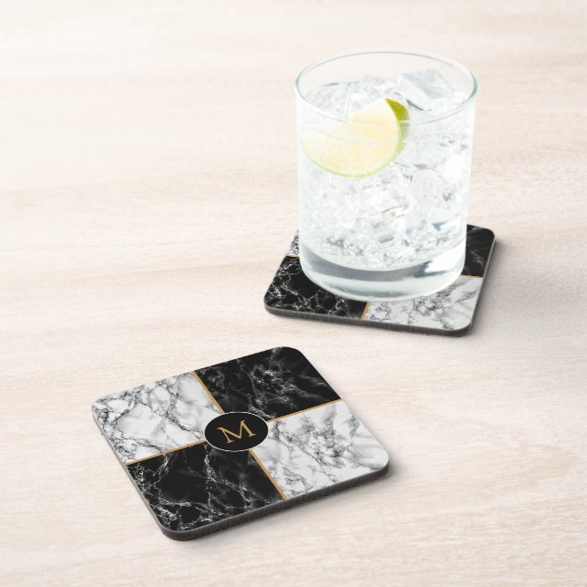 Monogram Beverage Coaster Schwarz-weißer Karo Marm Getränkeuntersetzer (Rechte Seite)