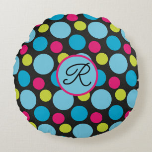 Monogram Big Dots Muster farbig, Hot Pink, Blau Rundes Kissen