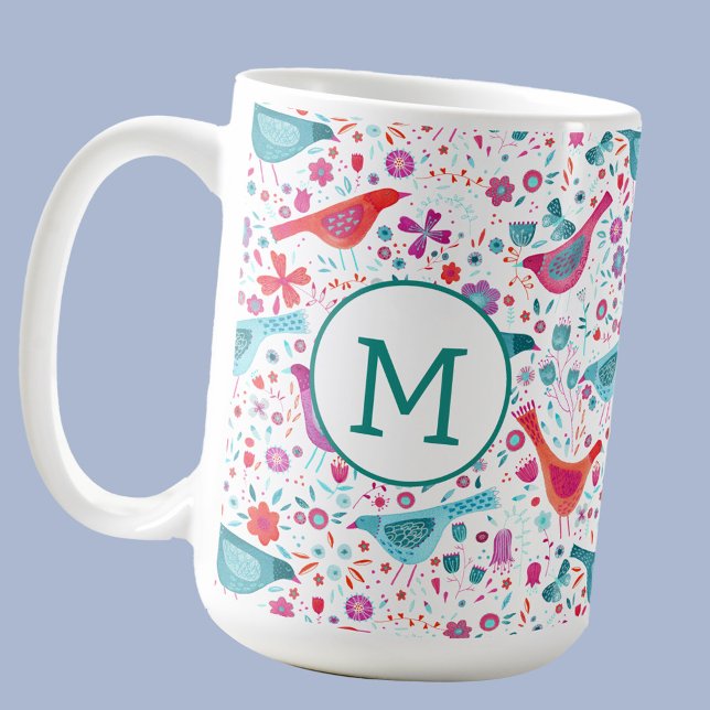Monogram Bird Floral Wcolor Kaffeetasse (Modern monogram initial personalized watercolor bird and flower pattern mug)