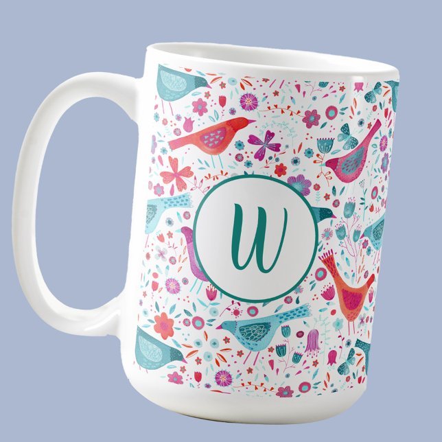 Monogram Bird Floral Wcolor Kaffeetasse (Monogram initial modern watercolor bird and floral pattern mug)