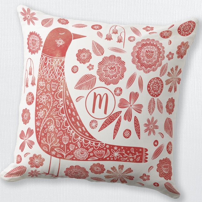 Monogram Bird Red White Kissen (Red and white monogram initial personalized folk art Scandinavian bird and flower throw pillow)