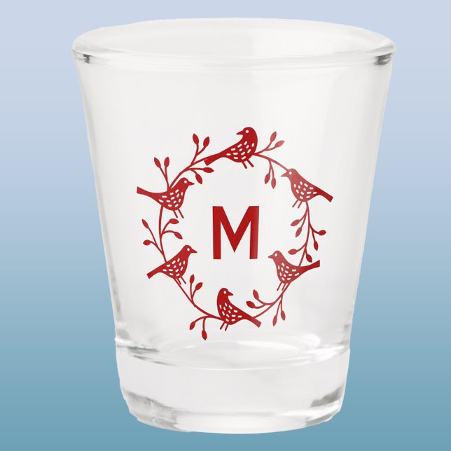 Monogram Bird und Blume Skandinavier Wreath Schnapsglas (Scandinavian bird wreath personalized monogram initial shot glass)