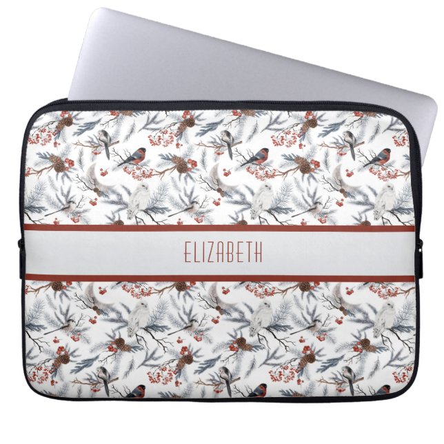 Monogram Bird White Gray Silver Branch Red Berries Laptopschutzhülle (Vorderseite)