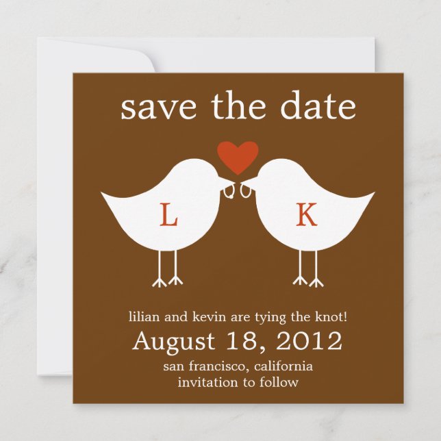 Monogram Birds Save the Date Card - Schokolade (Vorderseite)
