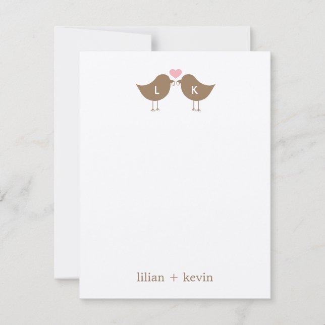 Monogram Birds Wedding Flat Danke Card - Latte Mitteilungskarte (Vorderseite)