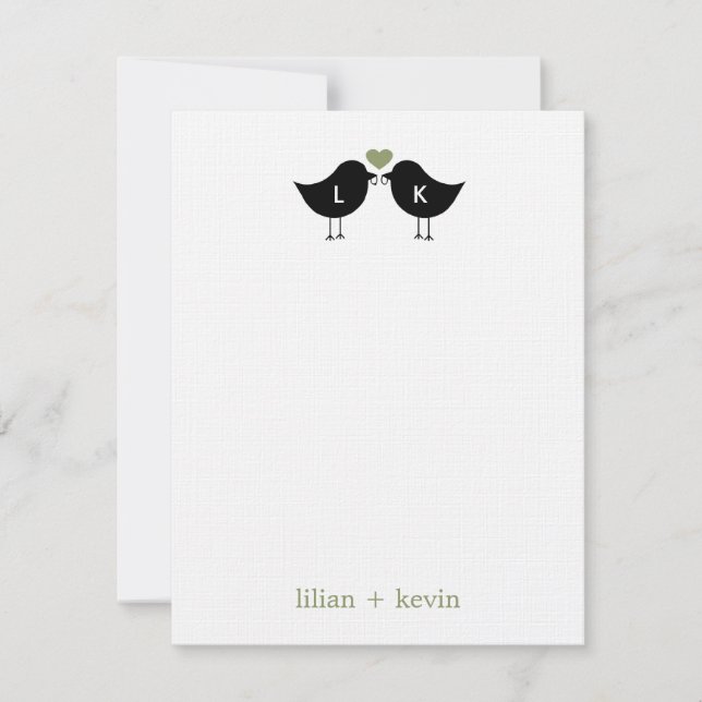Monogram Birds Wedding Flat Danke Karte - Sage (Vorderseite)