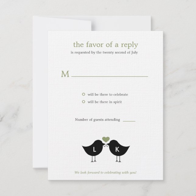 Monogram Birds Wedding RSVP/Response Card - Sage RSVP Karte (Vorderseite)