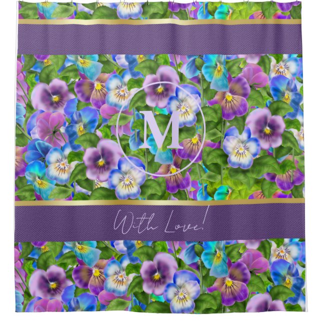 Monogram Birthday Pansy Violet Blume Wasserfarbe Duschvorhang (Vorderseite)