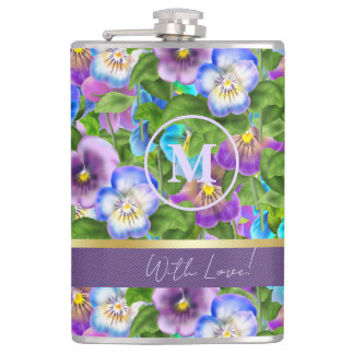 Monogram Birthday Pansy Violet Blume Wasserfarbe Flachmann