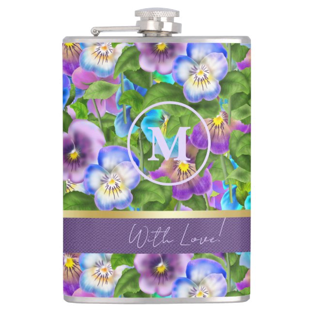 Monogram Birthday Pansy Violet Blume Wasserfarbe Flachmann (Vorderseite)