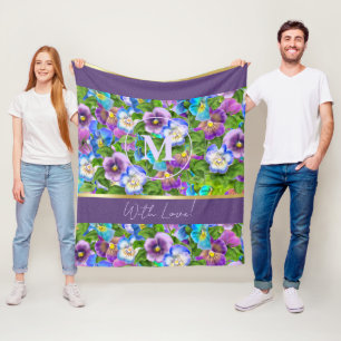 Monogram Birthday Pansy Violet Blume Wasserfarbe Fleecedecke