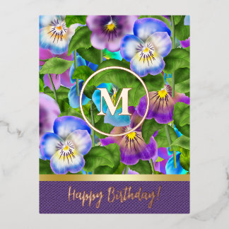 Monogram Birthday Pansy Violet Blume Wasserfarbe Folien Feiertagspostkarte