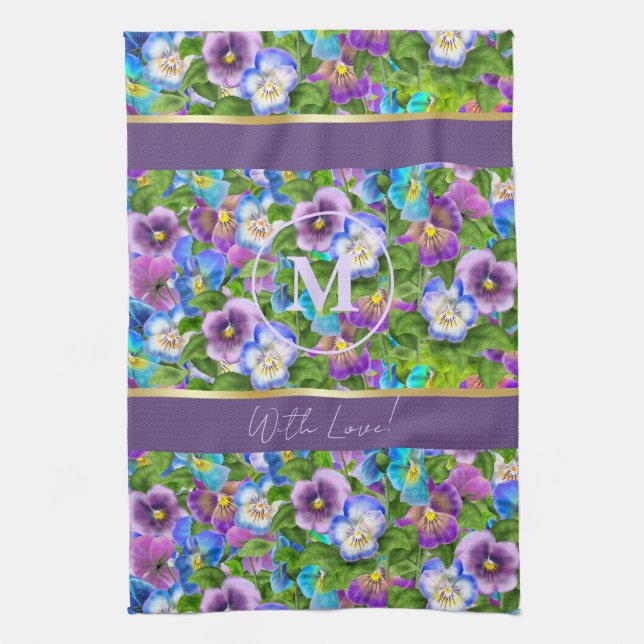 Monogram Birthday Pansy Violet Blume Wasserfarbe Geschirrtuch (Vertikal)