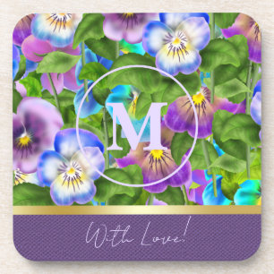 Monogram Birthday Pansy Violet Blume Wasserfarbe Getränkeuntersetzer
