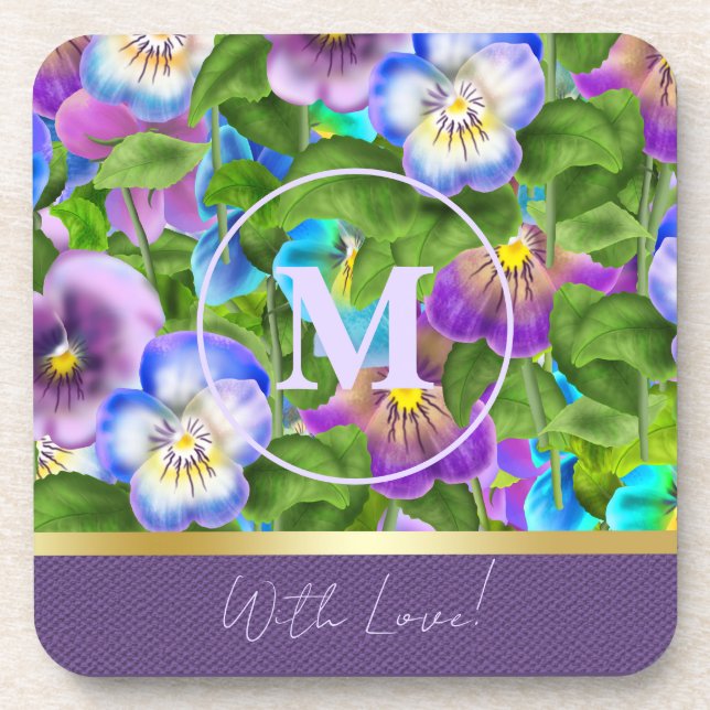 Monogram Birthday Pansy Violet Blume Wasserfarbe Getränkeuntersetzer (Vorderseite)