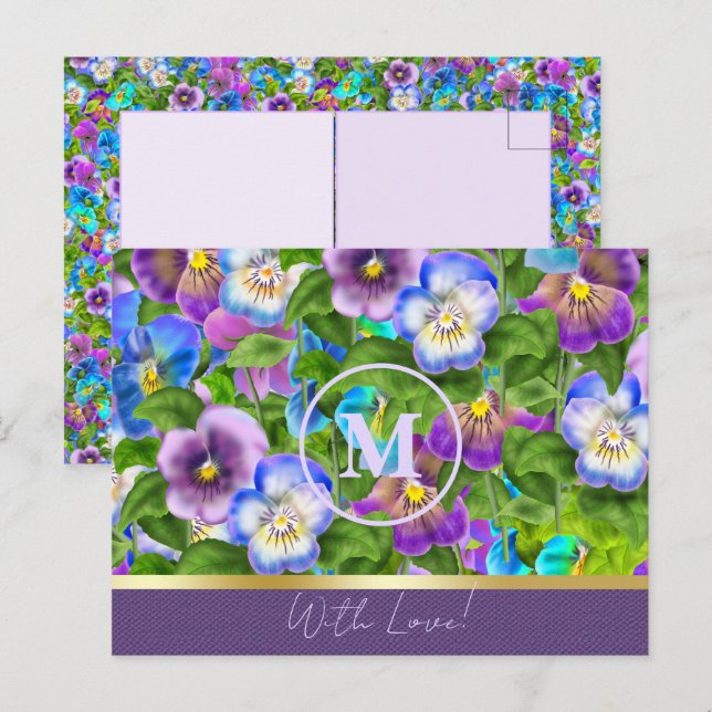 Monogram Birthday Pansy Violet Blume Wasserfarbe Postkarte (Vorne/Hinten)