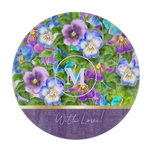 Monogram Birthday Pansy Violet Blume Wasserfarbe Schneidebrett (Vorderseite)