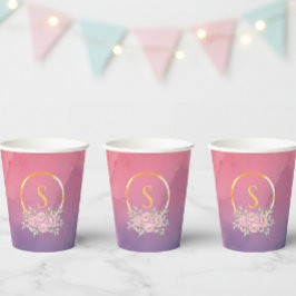 Monogram Birthday Paper Cup Pink Watercolor Ombre Pappbecher