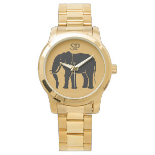 Monogram Black African Elephant on Gold Background Armbanduhr