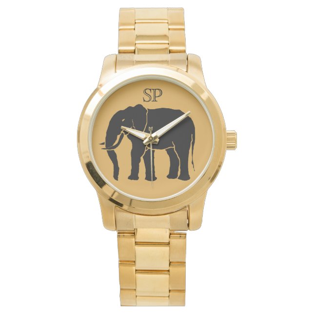 Monogram Black African Elephant on Gold Background Armbanduhr (Vorderseite)