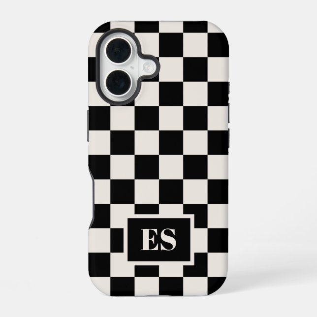 Monogram Black and Creme Checkered Pattern iPhone 16 Hülle (Rückseite)