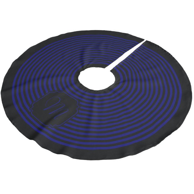 Monogram Black and Dark Navy Blue Streifen Polyester Weihnachtsbaumdecke (Schrägansicht)