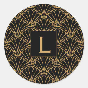 Monogram Black and Gold Art Deco Lüftermotiv Blume Runder Aufkleber