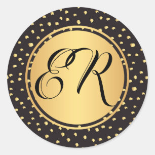Monogram Black and gold brush strikes polka dots Runder Aufkleber