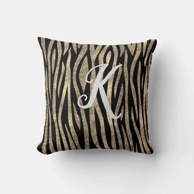 Monogram Black and Gold Glitzer Zebra Print Kissen (Vorderseite)