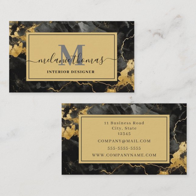 Monogram Black and Gold Marble Visitenkarte (Vorne/Hinten)