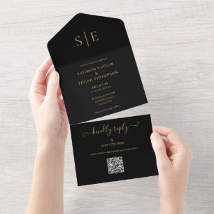 Monogram Black and Gold QR Code Wedding All In One Einladung