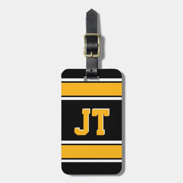 Monogram Black and Gold Sports Strips Gepäckanhänger (Vorderseite vertikal)